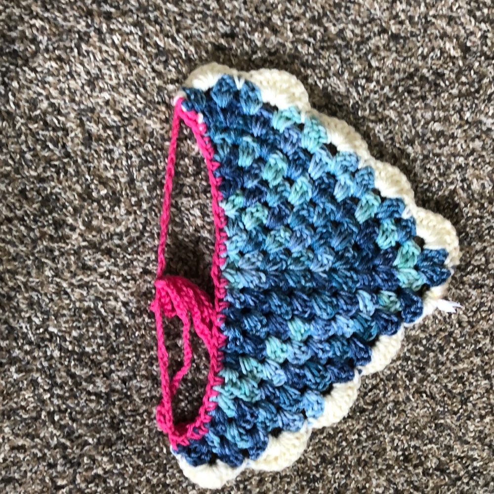 Crochet Blue, White, and Pink Dog Bandanna.